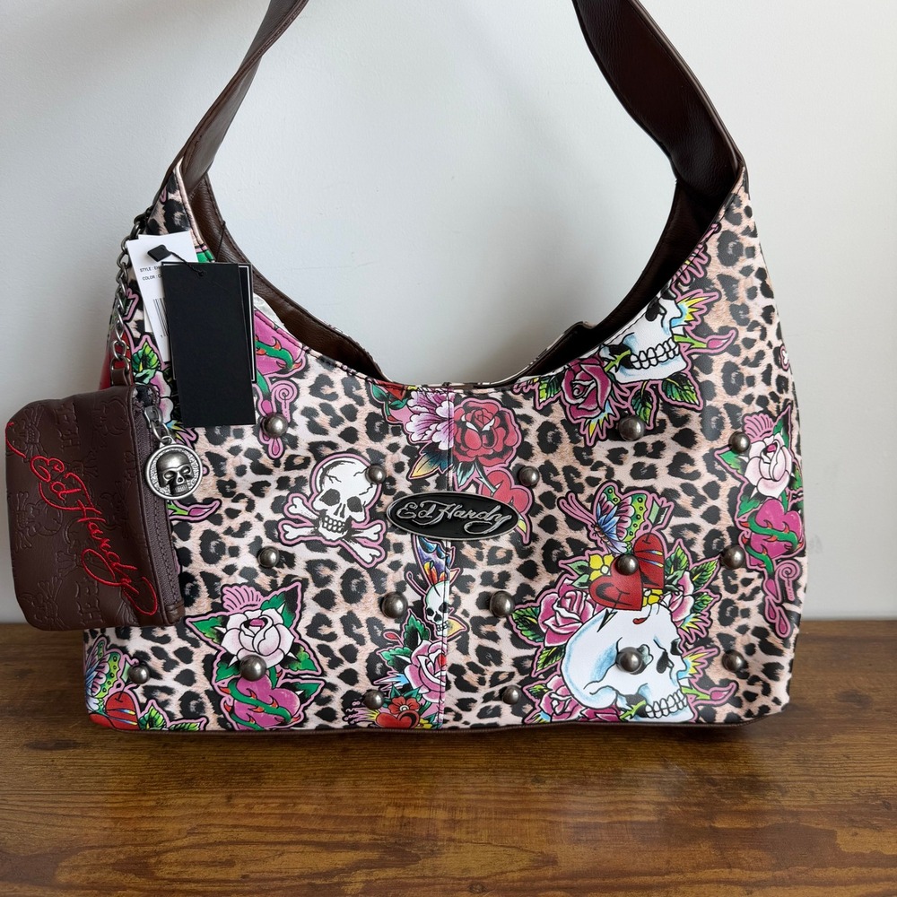 New Ed Hardy Leopard Skull Shoulder Hobo Handbag Y2K Charms Pink Black Heart
